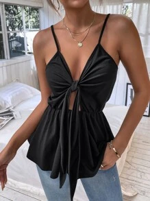 Top de tirantes peplum con cordón delantero - Negro - Ver 4