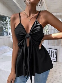 Top de tirantes peplum con cordón delantero - Negro - Ver 1