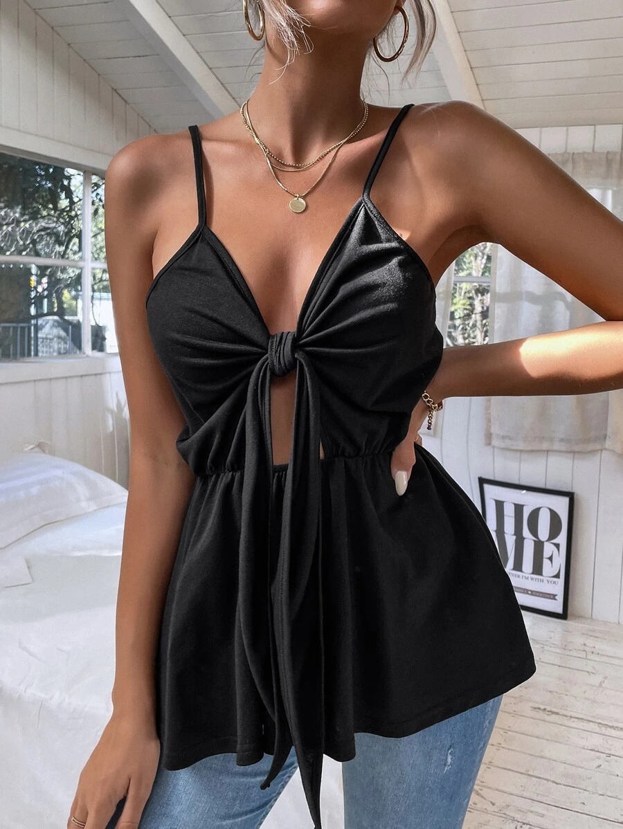 Top de tirantes peplum con cordón delantero - Negro - Ver 1