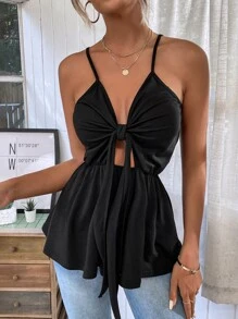 Top de tirantes peplum con cordón delantero - Negro - Ver 5
