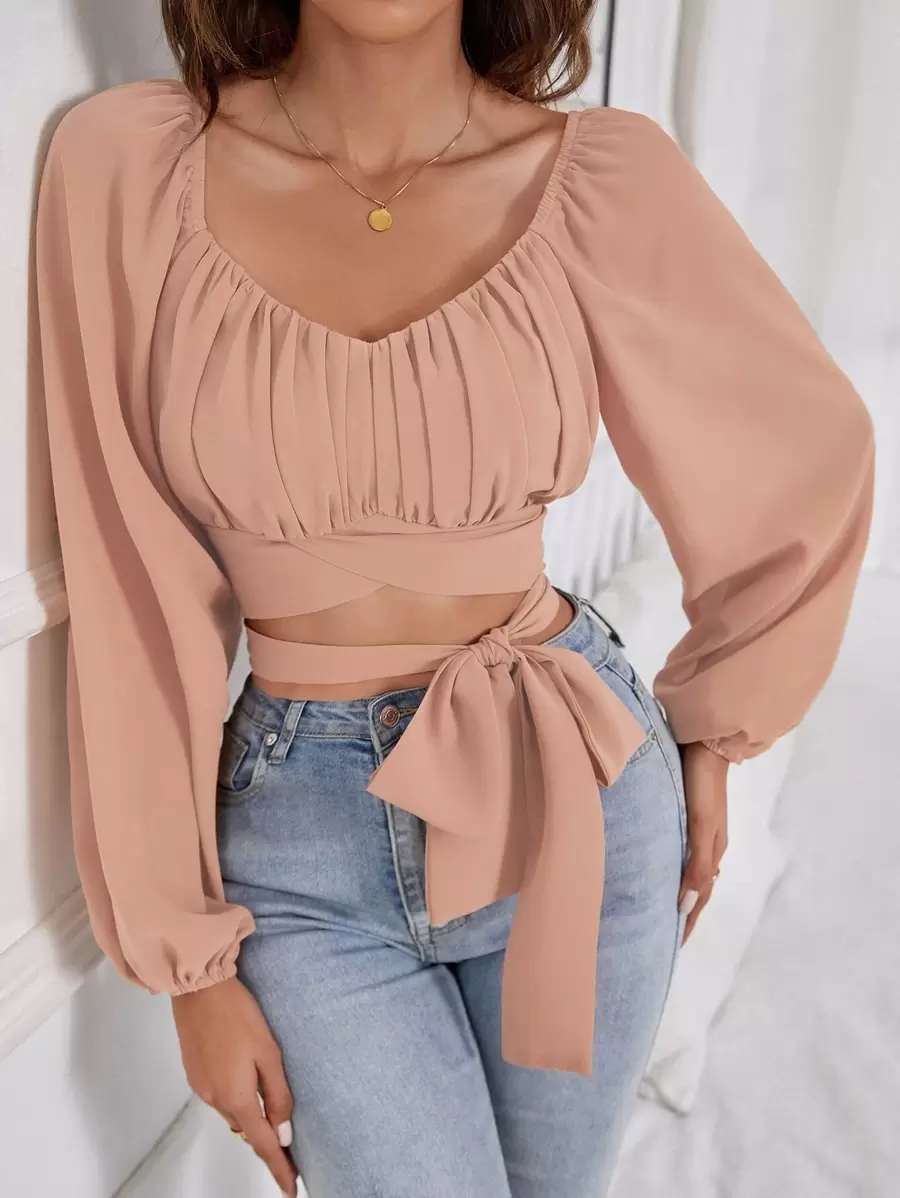 Chiquease Áo crop top tay đèn lồng nhún bèo phía trước, áo dài tay - Màu Hồng San hô - Xem 1