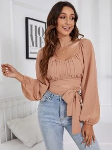 Chiquease Áo crop top tay đèn lồng nhún bèo phía trước, áo dài tay - Màu Hồng  San hô - Xem 3