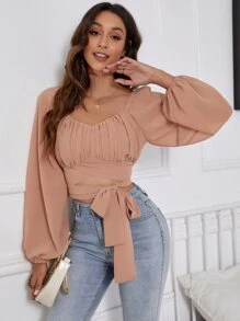 Chiquease Áo crop top tay đèn lồng nhún bèo phía trước, áo dài tay - Màu Hồng  San hô - Xem 4