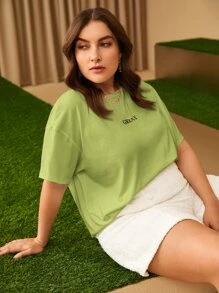 SHEIN Essnce Plus Letter Graphic Drop Shoulder Tee - Lime Green - View 1