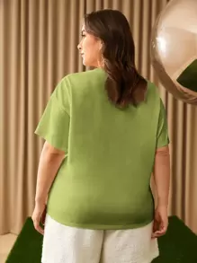 SHEIN Essnce Plus Letter Graphic Drop Shoulder Tee - Lime Green - View 5