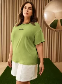 SHEIN Essnce Plus Letter Graphic Drop Shoulder Tee - Lime Green - View 6