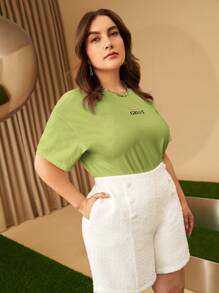 SHEIN Essnce Plus Letter Graphic Drop Shoulder Tee - Lime Green - View 7