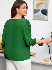 SHEIN Clasi Blusa de manga abullonada con volantes en talla grande - Verde - Ver 2