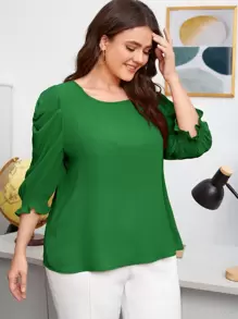 SHEIN Clasi Blusa de manga abullonada con volantes en talla grande - Verde - Ver 4