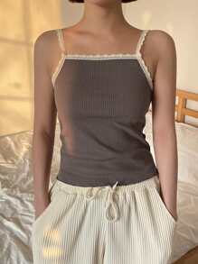 DAZY Contrast Lace Rib Knit Cami Top Summer - Chocolate Brown - View 4