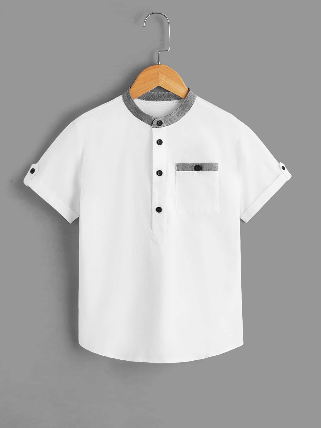 Shein Boys Roll Tab Sleeve Patched Pocket Half Button Shirt Shein Usa