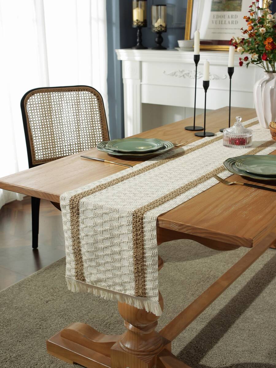 雙色流蘇邊長方桌布 - 彩色 - 查看 1