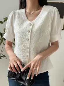 DAZY Puff Sleeve Button Up Blouse - White - View 1