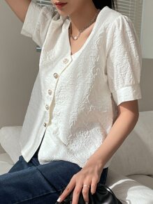 DAZY Puff Sleeve Button Up Blouse - White - View 8