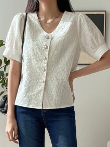 DAZY Puff Sleeve Button Up Blouse - White - View 9