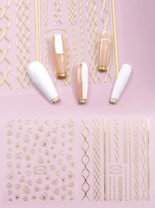 2 hojas de calcomanías para uñas con estampado de rayas y corazones - Dorado - Ver 1