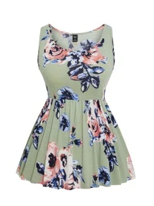 SHEIN LUNE 大碼印花荷葉邊下擺背心 - 綠色 - 查看 1