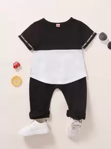 Baby Boy Color Block And Letter Graphic Tee And Pants - Black and White - View 1