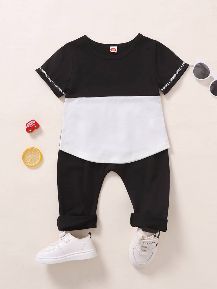 Baby Boy Color Block And Letter Graphic Tee And Pants - Black and White - View 1