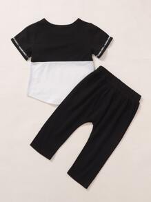 Baby Boy Color Block And Letter Graphic Tee And Pants - Black and White - View 2