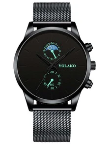 Men Mesh Strap Round Pointer Quartz Watch - Black - View 2