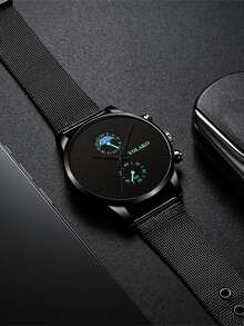 Men Mesh Strap Round Pointer Quartz Watch - Black - View 3