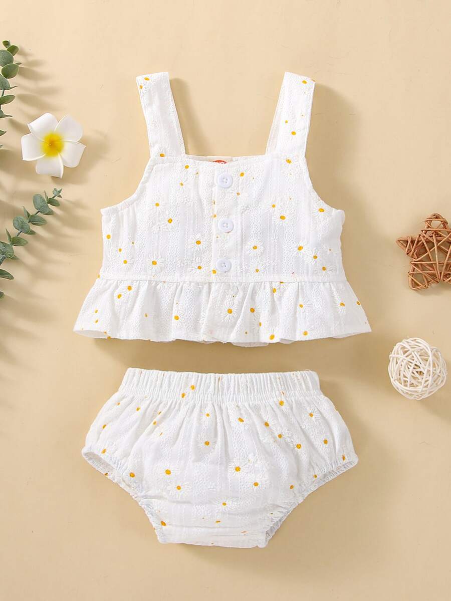 Bebé Shorts con top de tirantes con estampado floral bajo con fruncido - Blanco - Ver 1