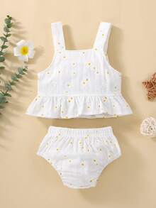 Bebé Shorts con top de tirantes con estampado floral bajo con fruncido - Blanco - Ver 2