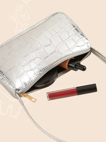 Mini Metallic Crocodile Embossed Bag - Silver - View 6