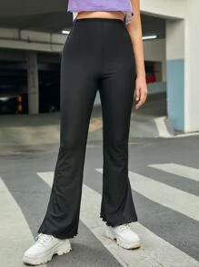 SHEIN Teen Girls Split Hem Flared Leg Trousers - Black - View 4