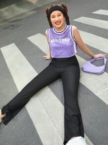 SHEIN Teen Girls Split Hem Flared Leg Trousers - Black - View 5