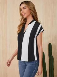 SHEIN Clasi Colourblock Notched Batwing Sleeve Blouse - Black - View 3