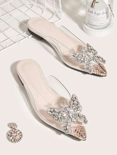 Fall/Winter Clear Rhinestone Decor Flat Mules, Women's Flat Shoes With Bow Knot Design, Half-Toe Style, Transparent Material, And Comfortable Fit.