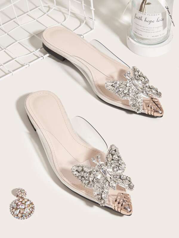 Fall/Winter Clear Rhinestone Decor Flat Mules, Women's Flat Shoes With Bow Knot Design, Half-Toe Style, Transparent Material, And Comfortable Fit.