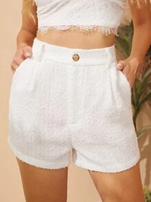 SHEIN Unity Fold Pleated Detail Tweed Shorts - White - View 2