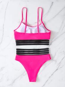 Contrast Mesh Ruched Bust Bikini Set, For Summer Beach Vacation - Hot Pink - View 2