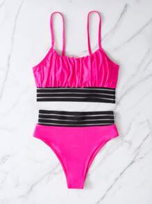 Contrast Mesh Ruched Bust Bikini Set, For Summer Beach Vacation - Hot Pink - View 3