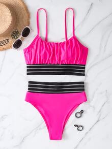 Contrast Mesh Ruched Bust Bikini Set, For Summer Beach Vacation - Hot Pink - View 4