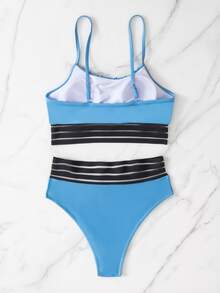Contrast Mesh Ruched Bust Bikini Set, For Summer Beach Vacation - Blue - View 2
