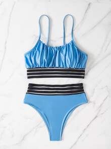 Contrast Mesh Ruched Bust Bikini Set, For Summer Beach Vacation - Blue - View 3