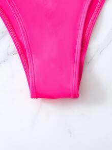 Contrast Mesh Ruched Bust Bikini Set, For Summer Beach Vacation - Hot Pink - View 5