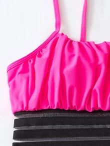 Contrast Mesh Ruched Bust Bikini Set, For Summer Beach Vacation - Hot Pink - View 6