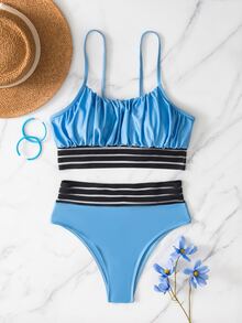 Contrast Mesh Ruched Bust Bikini Set, For Summer Beach Vacation - Blue - View 4
