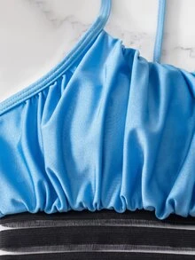 Contrast Mesh Ruched Bust Bikini Set, For Summer Beach Vacation - Blue - View 6