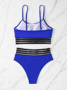 Contrast Mesh Ruched Bust Bikini Set, For Summer Beach Vacation - Royal Blue - View 2