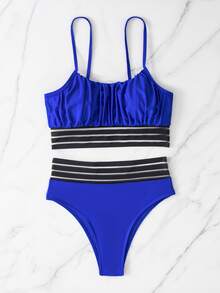 Contrast Mesh Ruched Bust Bikini Set, For Summer Beach Vacation - Royal Blue - View 3