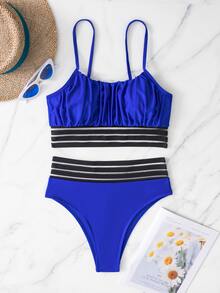 Contrast Mesh Ruched Bust Bikini Set, For Summer Beach Vacation - Royal Blue - View 4