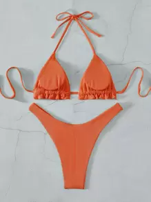 SHEIN Swim Summer Beach Rib Frill Trim Halter Triangle Bikini Set, Bathing Suit - Burnt Orange - View 2