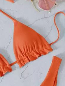 SHEIN Swim Summer Beach Rib Frill Trim Halter Triangle Bikini Set, Bathing Suit - Burnt Orange - View 3