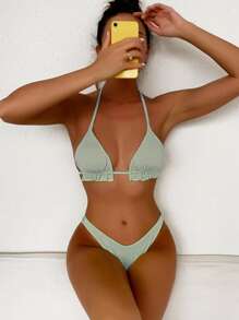 Rib Frill Trim Halter Triangle Bikini, For Summer Beach Vacation - Light Grey - View 1